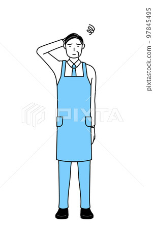 Senior man wearing an apron scratching his head in trouble 97845495