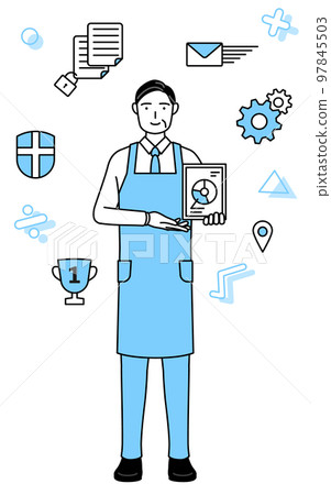 An image of DX conversion, a senior man wearing an apron who uses digital technology to improve business 97845503