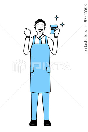 一個戴著圍裙的老人很高興看到存摺 97845508