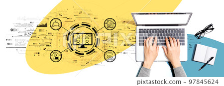 Online meeting theme with person using a laptop 97845624