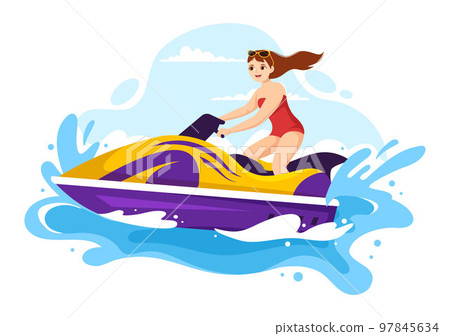 People Ride Jet Ski Illustration Summer Vacation Recreation, Extreme Water Sports and Resort Beach Activity in Hand Drawn Flat Cartoon Template 97845634