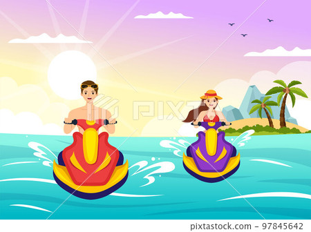 People Ride Jet Ski Illustration Summer Vacation Recreation, Extreme Water Sports and Resort Beach Activity in Hand Drawn Flat Cartoon Template 97845642