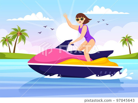 People Ride Jet Ski Illustration Summer Vacation Recreation, Extreme Water Sports and Resort Beach Activity in Hand Drawn Flat Cartoon Template 97845643