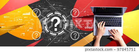 Question marks with person using a laptop Question marks with person using a laptop 97845751