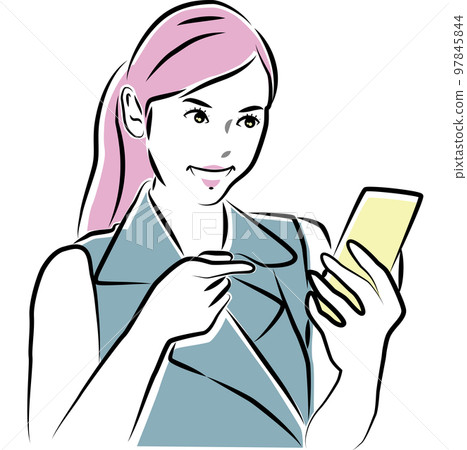 Woman pointing at smartphone screen and smiling Woman pointing at smartphone screen and smiling 97845844