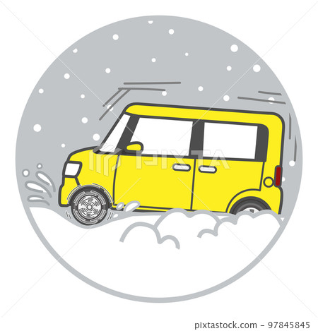 A car stuck in a rut on a snowy road 97845845