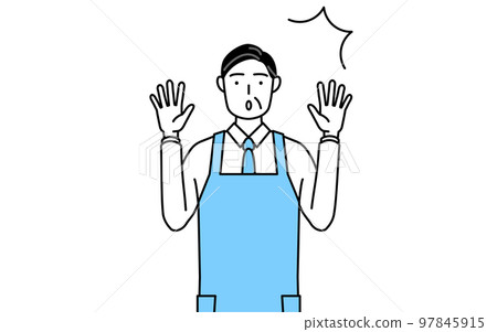 A senior man wearing an apron raising his hand in surprise 97845915