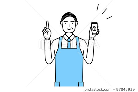 穿著圍裙的老人為智能手機採取安全措施 穿著圍裙的老人為智能手機採取安全措施 97845939