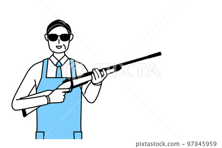Senior man wearing sunglasses and wearing an apron holding a rifle 97845959