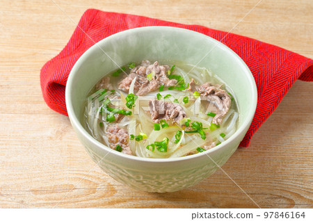 Note) Steam is synthetic. Ethnic food, beef pho (Vietnamese rice flour noodle dish, beef broth soup) 97846164