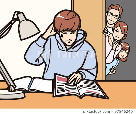 A family watching over a boy studying, a worried mother 97846240