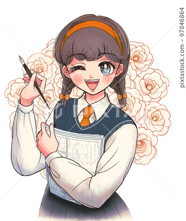 Illustration of a nerdy high school girl who enjoys making cartoons in a girl's cartoon style Illustration of a nerdy high school girl who enjoys making cartoons in a girl's cartoon style 97846864