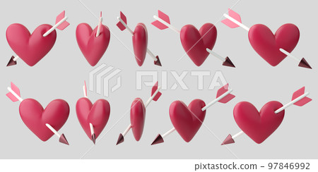 3d heart pierced with arrow animation icons set. Concept of Cupid love , Valentines day, Wedding invitation. 3d high quality isolated render 97846992