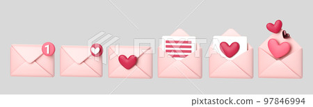 3d mail with pink heart icon set. Concept of love mail , Valentines day new message, notification or envelope. 3d high quality render isolated 97846994