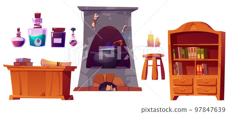 Alchemist shop set with books, magic potions 97847639