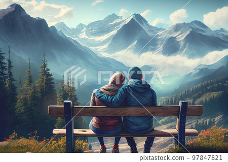 A couple hugging and nuzzling noses while sitting on a bench overlooking a stunning mountain landscape. 97847821
