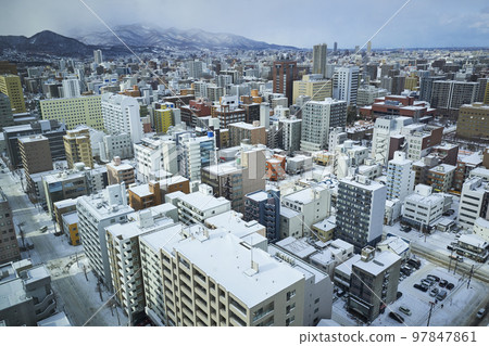 Aerial view of cityscape of winter Sapporo Aerial view of cityscape of winter Sapporo 97847861