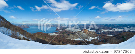 Panorama view of Showa Shinzan from mountain Usuzan in Lake Toya, Hokkaido, Japan Panorama view of Showa Shinzan from mountain Usuzan in Lake Toya, Hokkaido, Japan 97847862