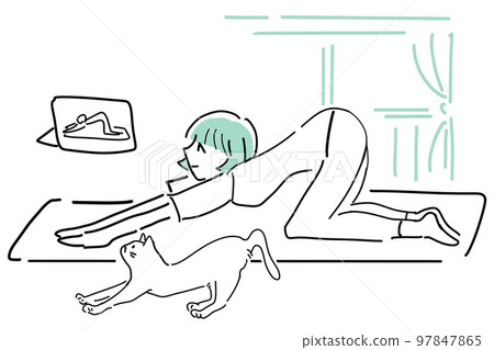 A woman doing yoga while watching a video with her cat at home (green) 97847865
