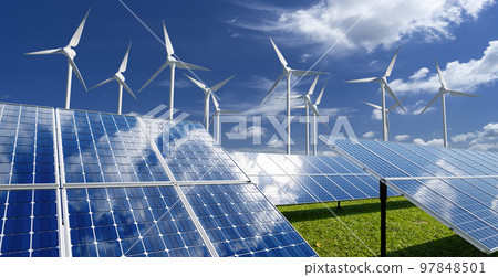 Solar panels and wind generators under blue sky 97848501