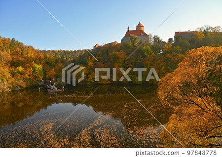 Castle Veveri - City of Brno, Czech Republic - Europe. Beautiful autumn landscape with castle. Brno dam and sunset at the golden hour. Autumn season October. Castle Veveri - City of Brno, Czech Republic - Europe. Beautiful autumn landscape with castle. Brno dam and sunset at the golden hour. Autumn season October. 97848778