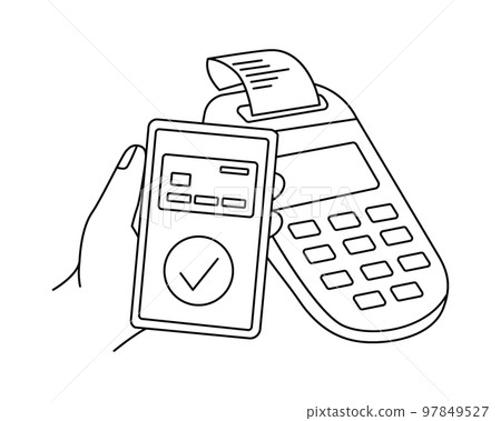 Smartphone paying with POS terminal. Mobile banking app and e-payment. Transaction by NFC technology. POS terminal for contactless pay with smartphone Smartphone paying with POS terminal. Mobile banking app and e-payment. Transaction by NFC technology. POS terminal for contactless pay with smartphone 97849527