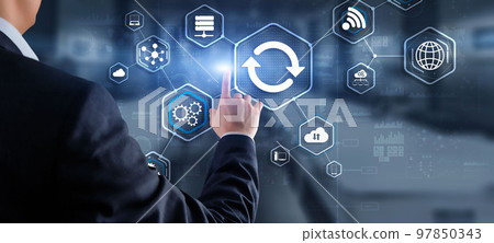 Businessman pressing button on touch screen interface select Update. Icon Businessman pressing button on touch screen interface select Update. Icon 97850343