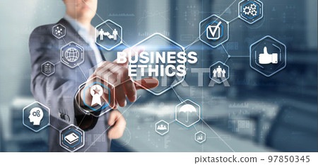 Business ethics Behavior and manners concept. Businessman pressing button on virtual screen Business ethics Behavior and manners concept. Businessman pressing button on virtual screen 97850345