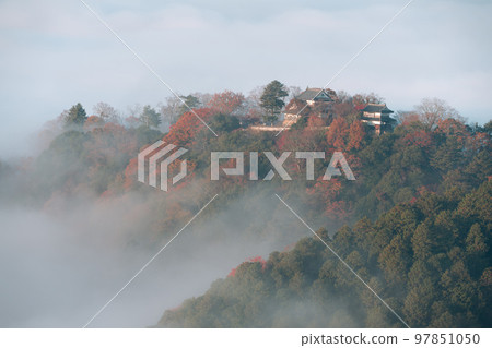 【日本百座城】備中松山城秋天的雲海從展望台看到的天守閣、瞭望塔和紅葉1岡山縣高橋市 【日本百座城】備中松山城秋天的雲海從展望台看到的天守閣、瞭望塔和紅葉1岡山縣高橋市 97851050