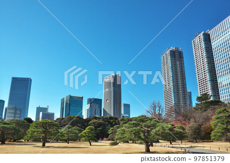 公園裡有許多樹木,周圍環繞著建築物 公園裡有許多樹木,周圍環繞著建築物 97851379
