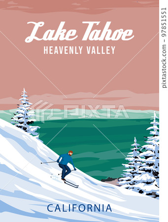 Lake Tahoe Ski Travel resort poster vintage. California USA winter landscape travel card Lake Tahoe Ski Travel resort poster vintage. California USA winter landscape travel card 97851551