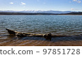 View of the Barcena reservoir with the Montes Aquilanos mountain range at background and a driftwood at front. El Bierzo, Castile and Leon, Spain. 97851728