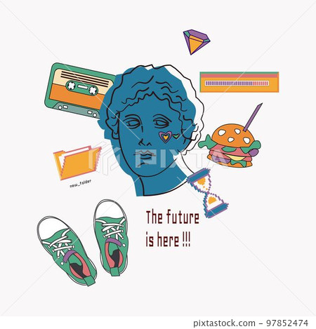 Y2k and old pc aesthetic Greek statue. Fun print with ancient sculpture woman head and pixel art . Graphic in 80's style for poster or t-shirt. 97852474