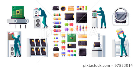 Semiconductor manufacturing. Electronic circuitry production with computer lab equipment, hardware device service concept. Vector flat set 97853014