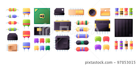 Semiconductor collection. Electrical components chip capacitor microchip processor battery resistor 97853015