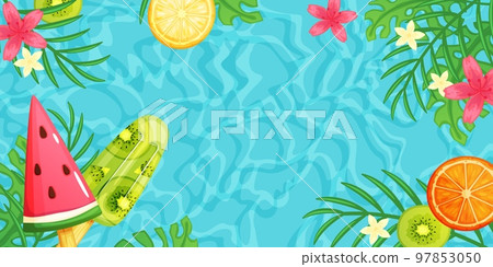 Hot summer banner with watermelon and green leaf 97853050