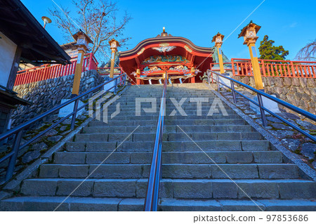 Mt. Mitake, Ome City in autumn Looking up at the worship hall from the stone steps directly below Musashi Mitake Shrine 97853686