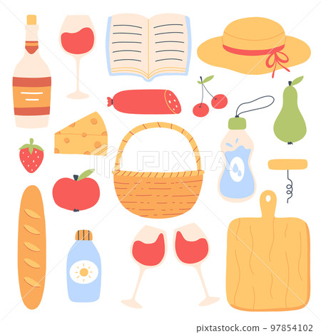 Summer picnic set. Collection of elements for spring picnic. Hat, basket, wine, cheese. Vector illustration. Flat hand drawn style. 97854102
