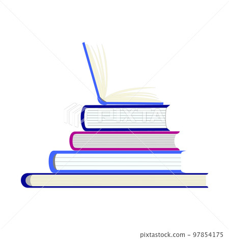 Stack of books in hardback with colorful covers and open book in top. Reading, education, teaching, learning design element isolated on white. Jpeg illustration Stack of books in hardback with colorful covers and open book in top. Reading, education, teaching, learning design element isolated on white. Jpeg illustration 97854175