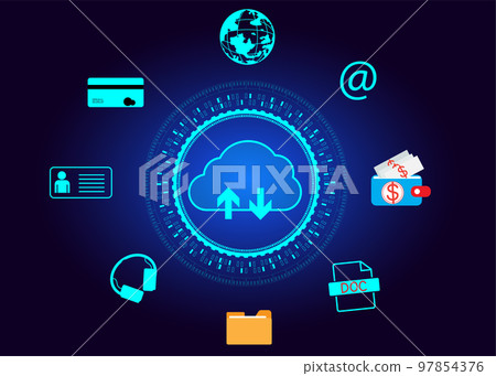 cloud icon concept of big data access, global network connection, data search, use of computing resources to make transactions with internet technology online and Cyber Security Data Protection. cloud icon concept of big data access, global network connection, data search, use of computing resources to make transactions with internet technology online and Cyber Security Data Protection. 97854376