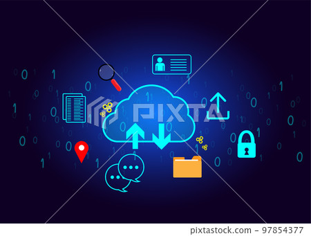 cloud icon concept of big data access, global network connection, data search, use of computing resources to make transactions with internet technology online and Cyber Security Data Protection. 97854377