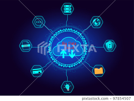 cloud icon concept of big data access, global network connection, data search, use of computing resources to make transactions with internet technology online and Cyber Security Data Protection. 97854507