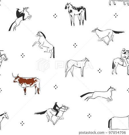 Hand drawn abstract vector graphic clipart illustration wild west horses seamless pattern composition.Wild Western design concept.Bohemian wild west contemporary art. Horse modern line art drawing. 97854706