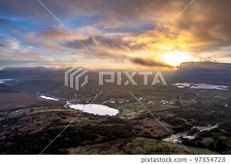 Aerial view of amazing sunrise at Bonny Glen in County Donegal - Ireland Aerial view of amazing sunrise at Bonny Glen in County Donegal - Ireland 97854728