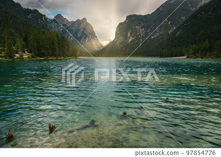 Summer scenery with mountains and lake at sunset, Dolomites, Italy 97854776