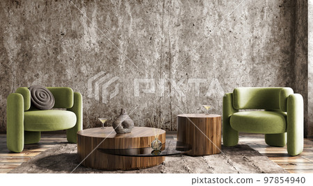 Industrial interior design of modern apartment, living room with green armchairs, concrete wall, loft stylish home design 3d rendering 97854940