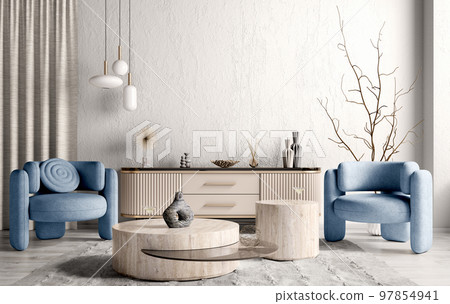 Interior of modern living room with beige sideboard over white stucco wall. Contemporary room with dresser and coffee tables and blue armchairs. 3d rendering 97854941