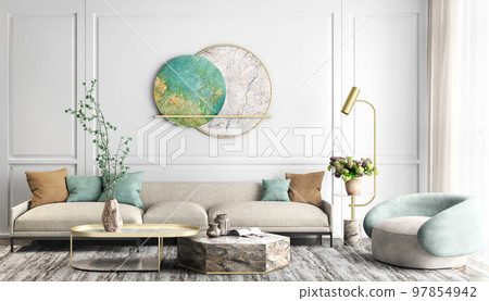 Interior design of modern apartment, living room with sofa and armchair 3d rendering Interior design of modern apartment, living room with sofa and armchair 3d rendering 97854942
