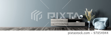 Interior of modern living room with gray wooden sideboard over blue wall. Contemporary room with armchair. Home design. Panorama. 3d rendering 97854944