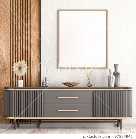 Interior of modern living room with black sideboard over white wall with wooden paneling. Contemporary room with dresser. Home design with poster. 3d rendering Interior of modern living room with black sideboard over white wall with wooden paneling. Contemporary room with dresser. Home design with poster. 3d rendering 97854945